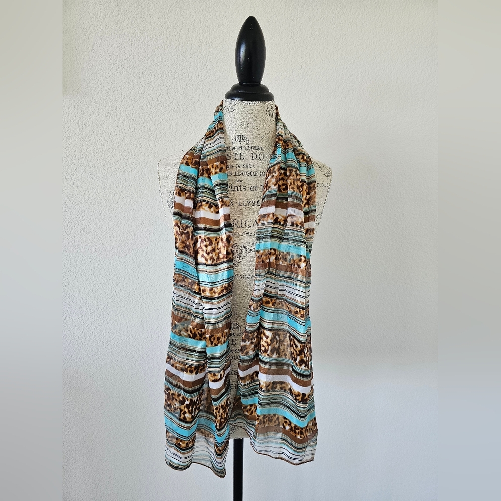 Vintage Animal Print & Stripe Scarf - Teal/Brown - Made in Korea - 59" x 13.5"